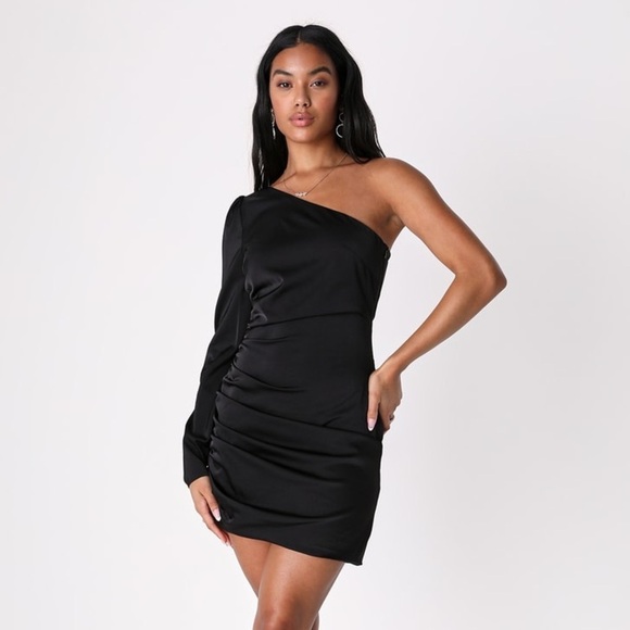 NWT Lulu's Happy Hour Chic Black Satin Ruched One-Shoulder Mini Dress Size XS - Picture 1 of 14